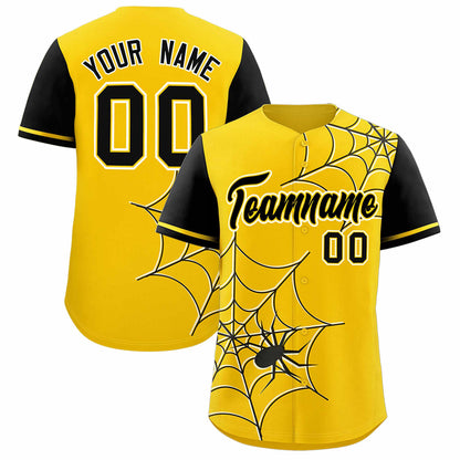 Custom Gold Black Spider Web Pattern Raglan Sleeves Authentic Baseball Jersey