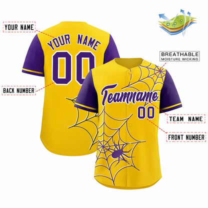 Custom Gold Purple Spider Web Pattern Raglan Sleeves Authentic Baseball Jersey