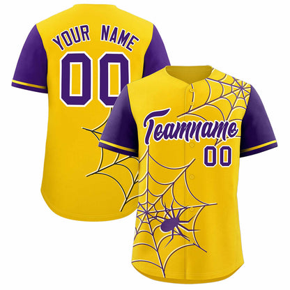 Custom Gold Purple Spider Web Pattern Raglan Sleeves Authentic Baseball Jersey