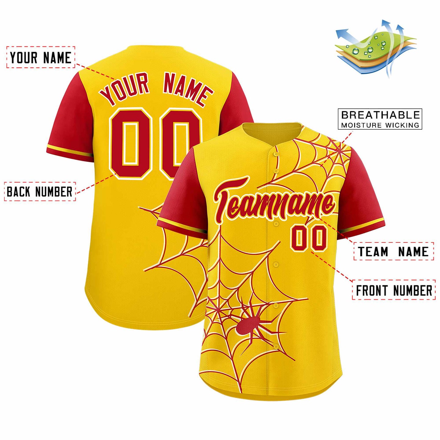 Custom Gold Red Spider Web Pattern Raglan Sleeves Authentic Baseball Jersey