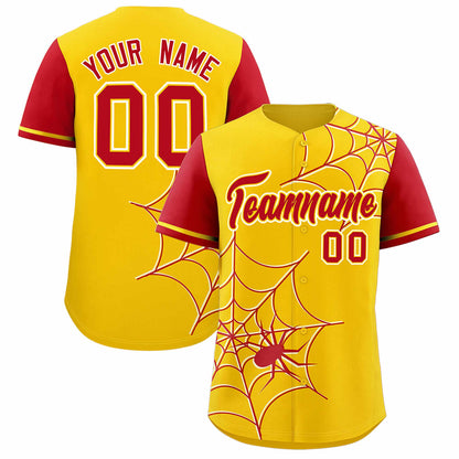 Custom Gold Red Spider Web Pattern Raglan Sleeves Authentic Baseball Jersey