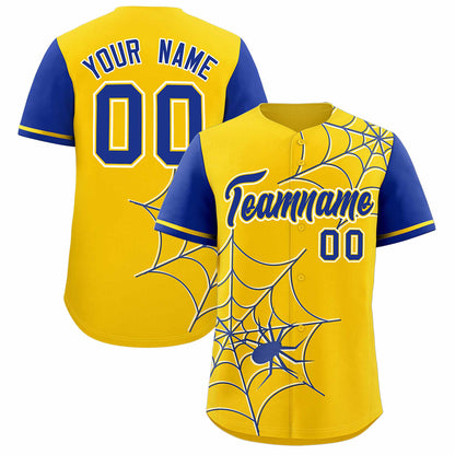 Custom Gold Royal Spider Web Pattern Raglan Sleeves Authentic Baseball Jersey