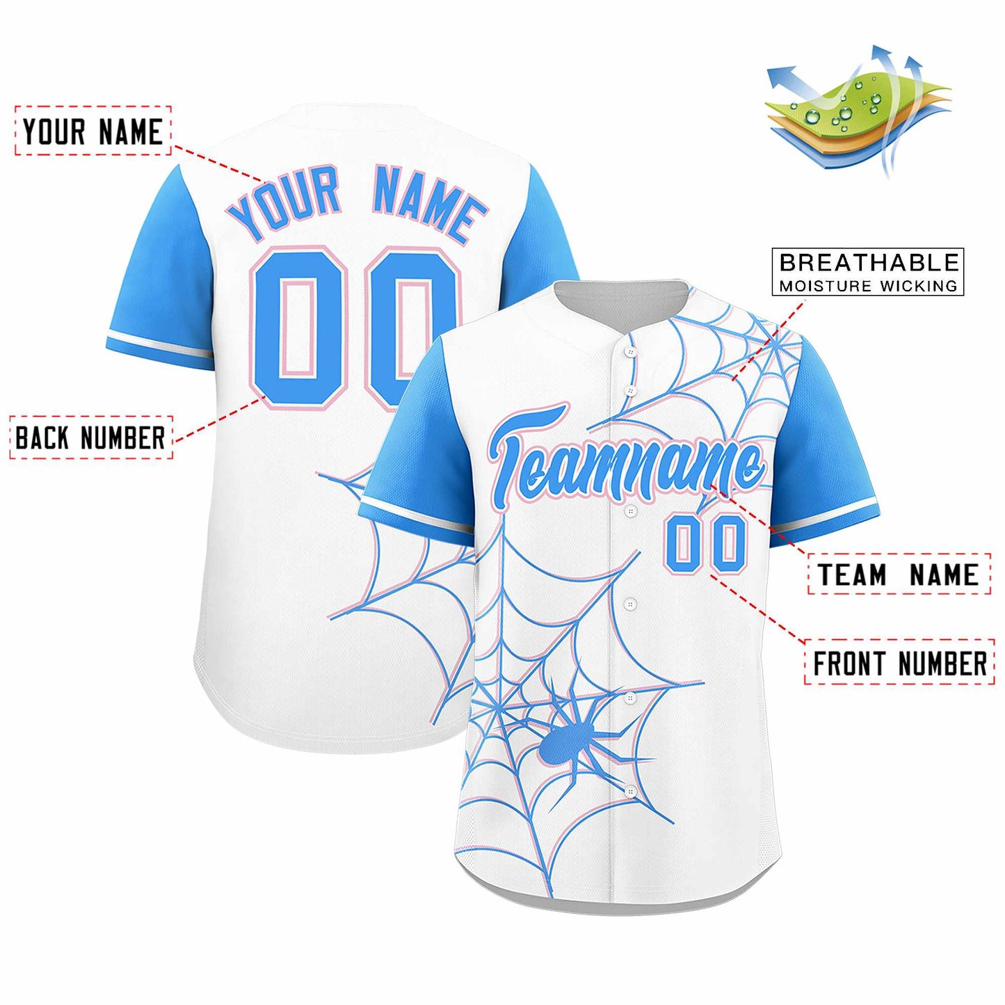 Custom White Powder Blue Spider Web Pattern Raglan Sleeves Authentic Baseball Jersey