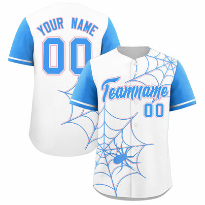 Custom White Powder Blue Spider Web Pattern Raglan Sleeves Authentic Baseball Jersey