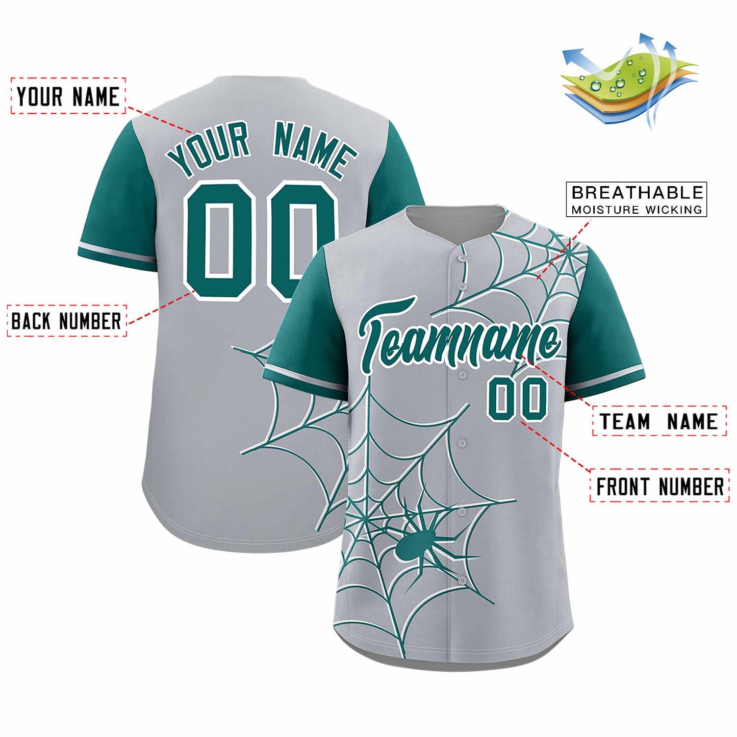 Custom Gray Aqua Spider Web Pattern Raglan Sleeves Authentic Baseball Jersey