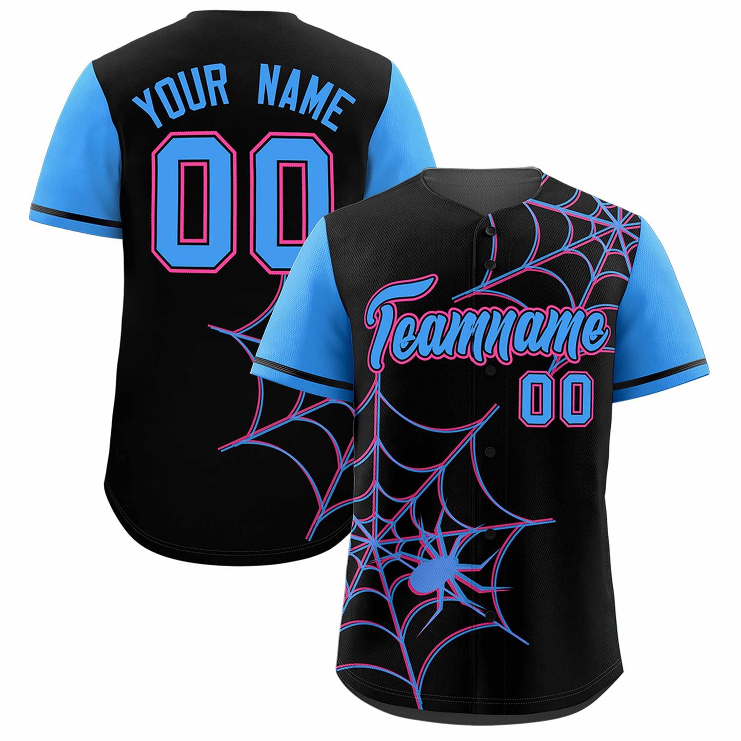 Custom Black Powder Blue Spider Web Pattern Raglan Sleeves Authentic Baseball Jersey