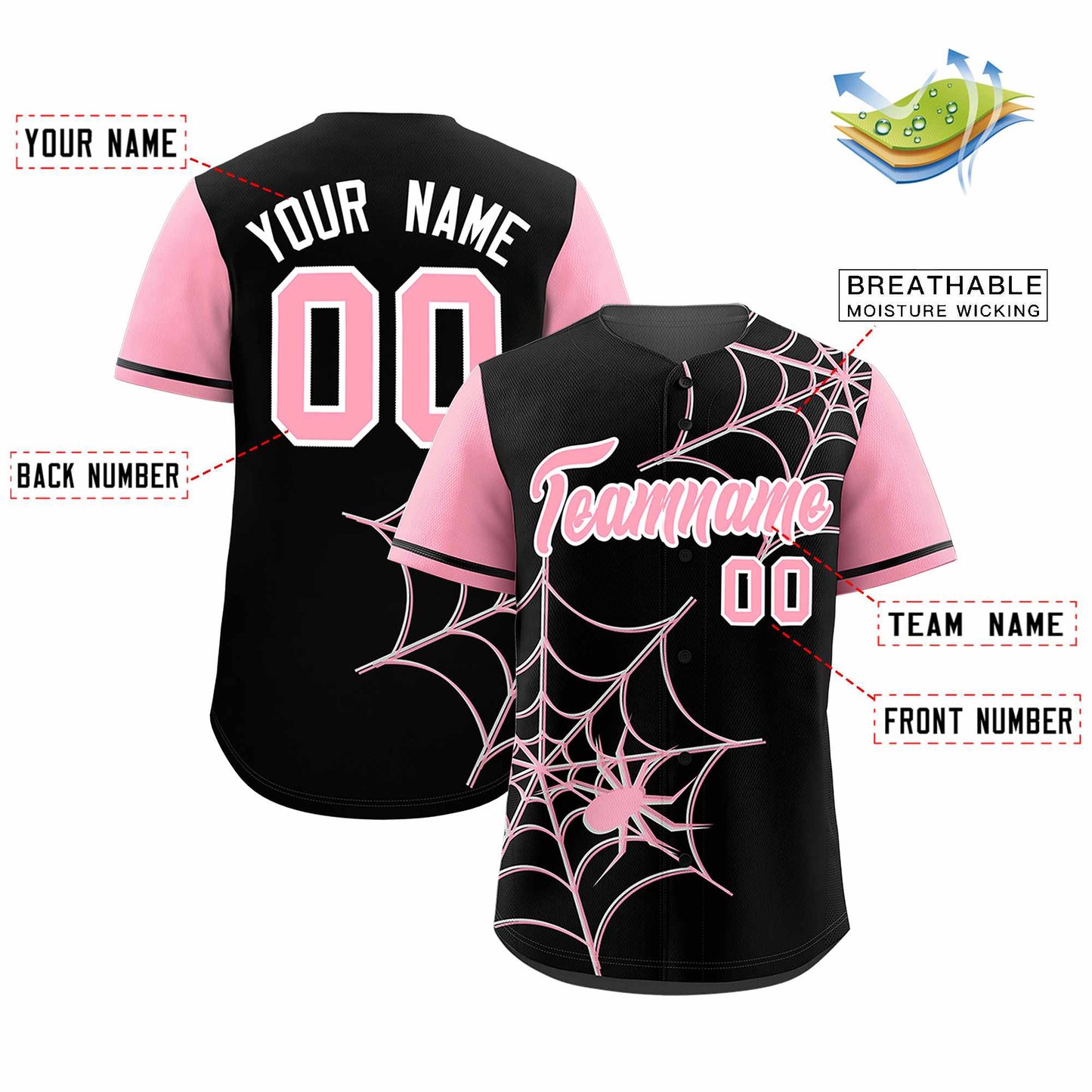 Custom Black Light Pink Spider Web Pattern Raglan Sleeves Authentic Baseball Jersey