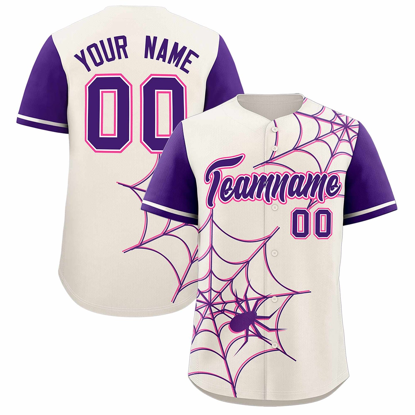 Custom Cream Purple Spider Web Pattern Raglan Sleeves Authentic Baseball Jersey