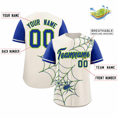 Custom Cream Royal Spider Web Pattern Raglan Sleeves Authentic Baseball Jersey