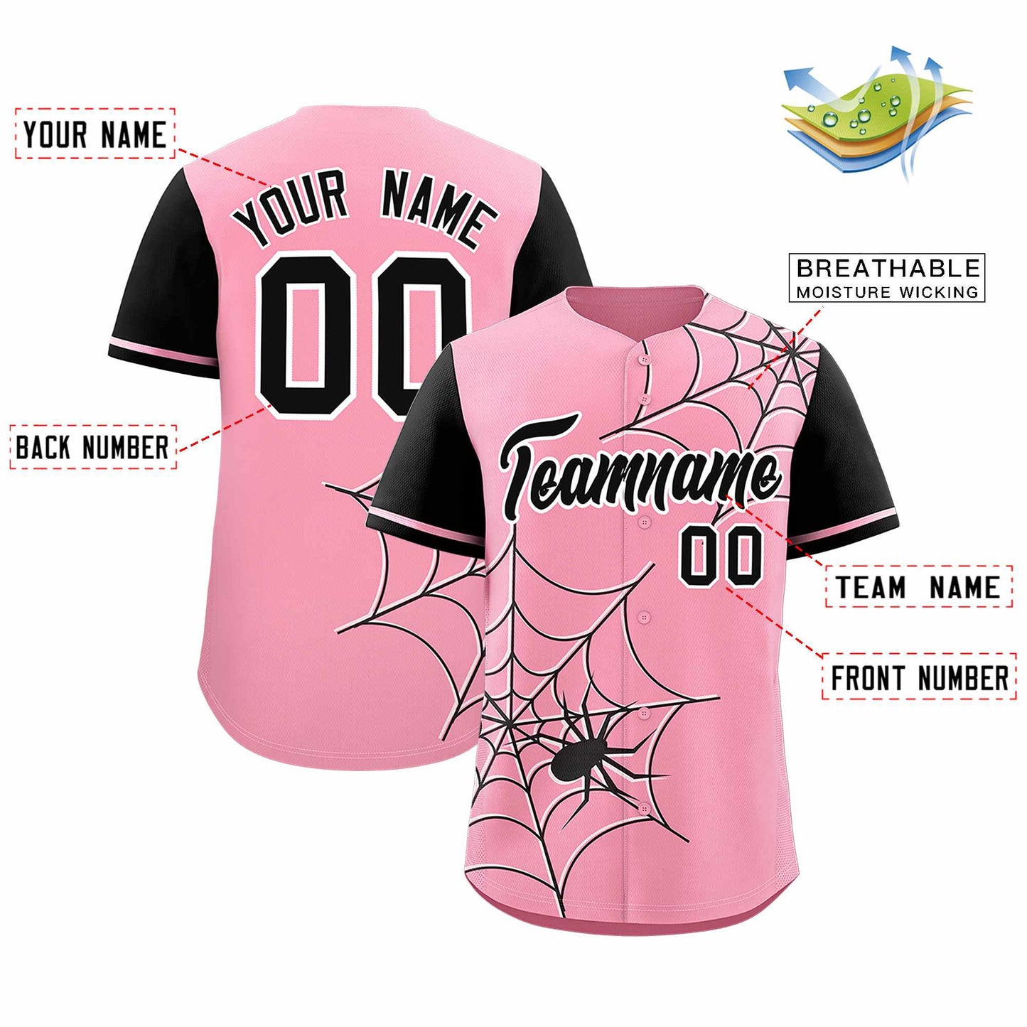 Custom Light Pink Black Spider Web Pattern Raglan Sleeves Authentic Baseball Jersey