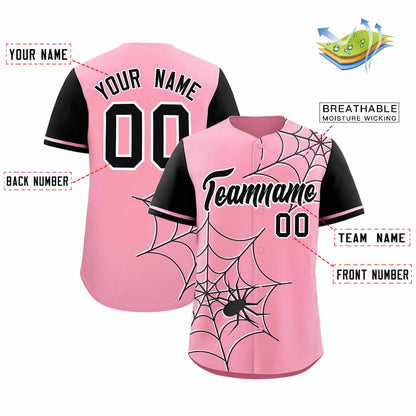 Custom Light Pink Black Spider Web Pattern Raglan Sleeves Authentic Baseball Jersey