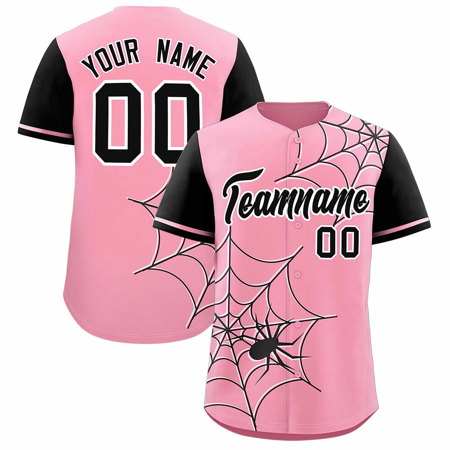 Custom Light Pink Black Spider Web Pattern Raglan Sleeves Authentic Baseball Jersey