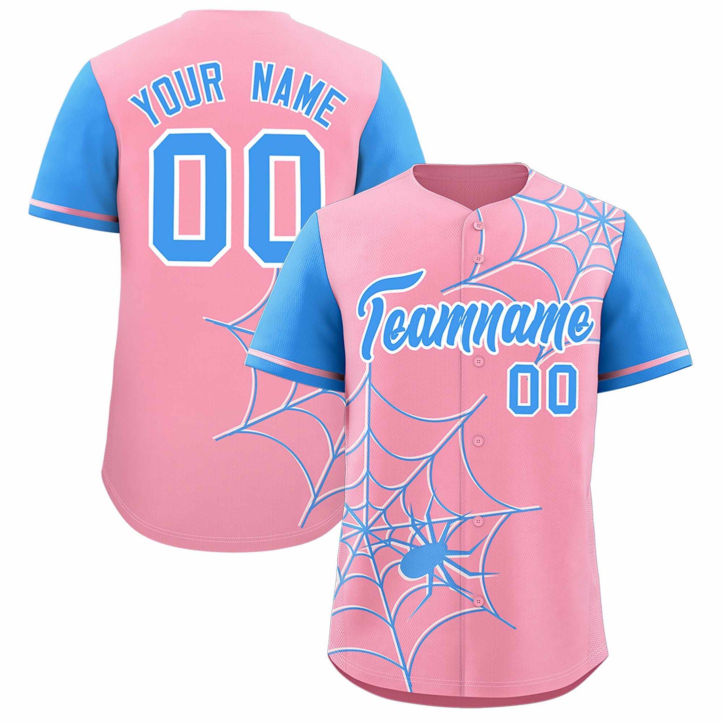 Custom Light Pink Powder Blue Spider Web Pattern Raglan Sleeves Authentic Baseball Jersey