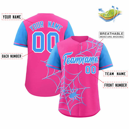 Custom Pink Powder Blue Spider Web Pattern Raglan Sleeves Authentic Baseball Jersey