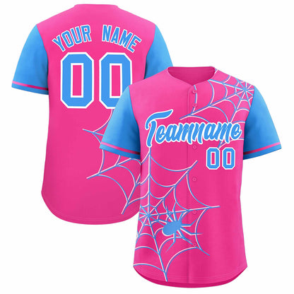 Custom Pink Powder Blue Spider Web Pattern Raglan Sleeves Authentic Baseball Jersey