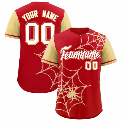 Custom Red Khaki Spider Web Pattern Raglan Sleeves Authentic Baseball Jersey