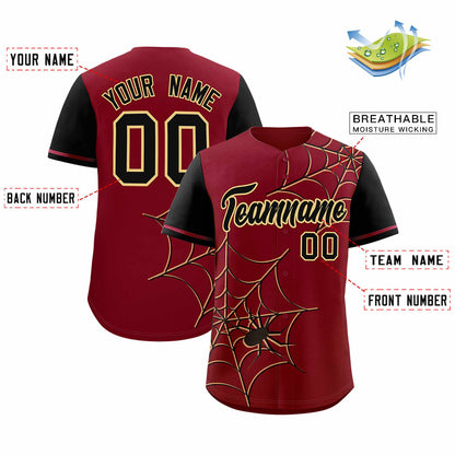 Custom Crimson Black Spider Web Pattern Raglan Sleeves Authentic Baseball Jersey