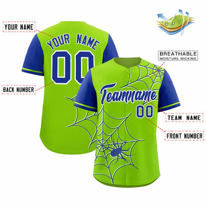 Custom Neon Green Royal Spider Web Pattern Raglan Sleeves Authentic Baseball Jersey