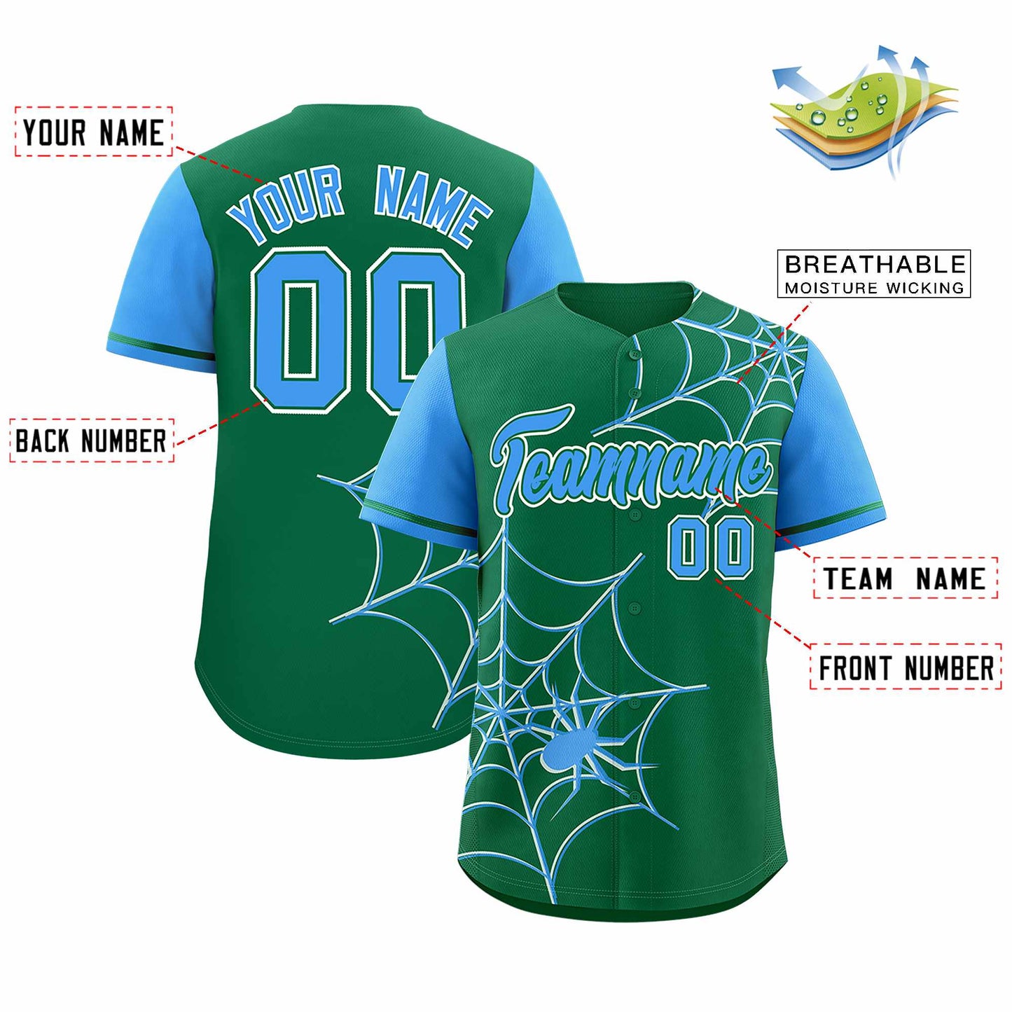 Custom Kelly Green Powder Blue Spider Web Pattern Raglan Sleeves Authentic Baseball Jersey