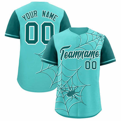 Custom Bright Green Aqua Spider Web Pattern Raglan Sleeves Authentic Baseball Jersey