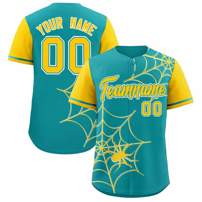 Custom Aqua Gold Spider Web Pattern Raglan Sleeves Authentic Baseball Jersey