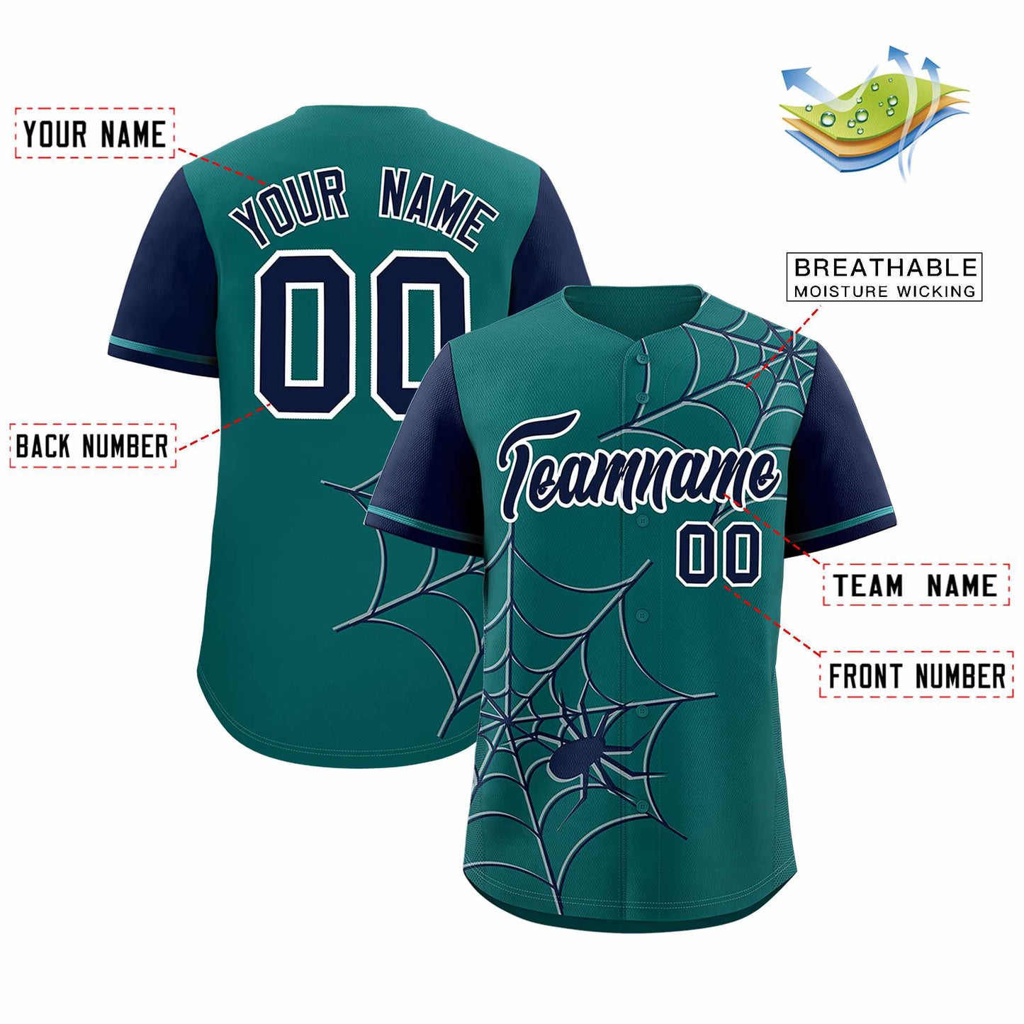 Custom Aqua Navy Spider Web Pattern Raglan Sleeves Authentic Baseball Jersey