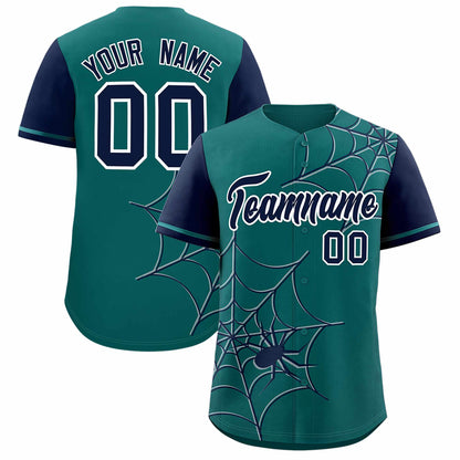 Custom Aqua Navy Spider Web Pattern Raglan Sleeves Authentic Baseball Jersey