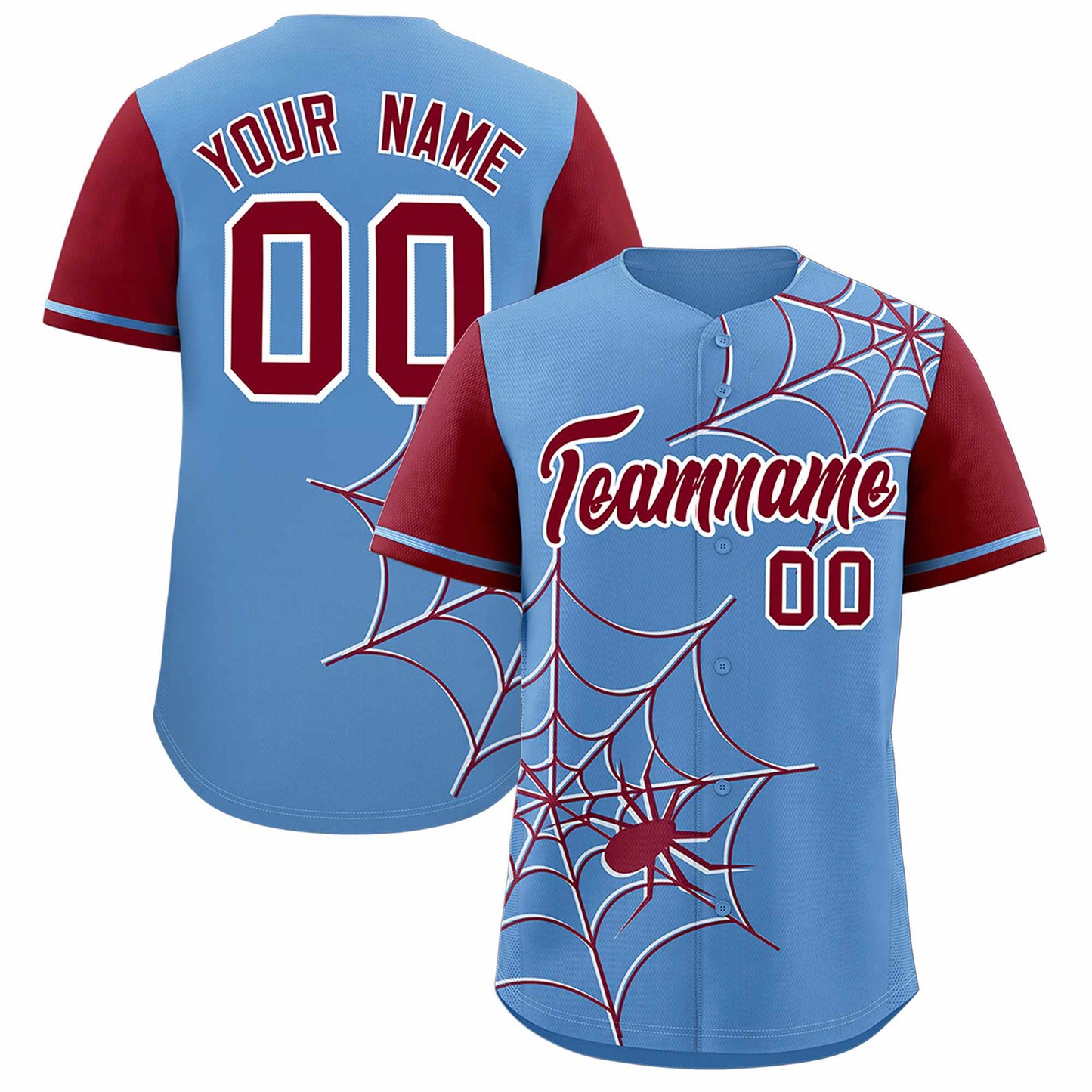 Custom Light Blue Crimson Spider Web Pattern Raglan Sleeves Authentic Baseball Jersey