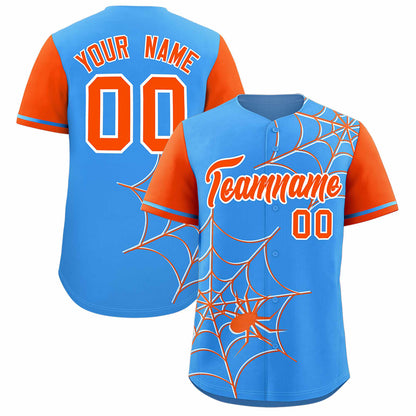 Custom Powder Blue Orange Spider Web Pattern Raglan Sleeves Authentic Baseball Jersey