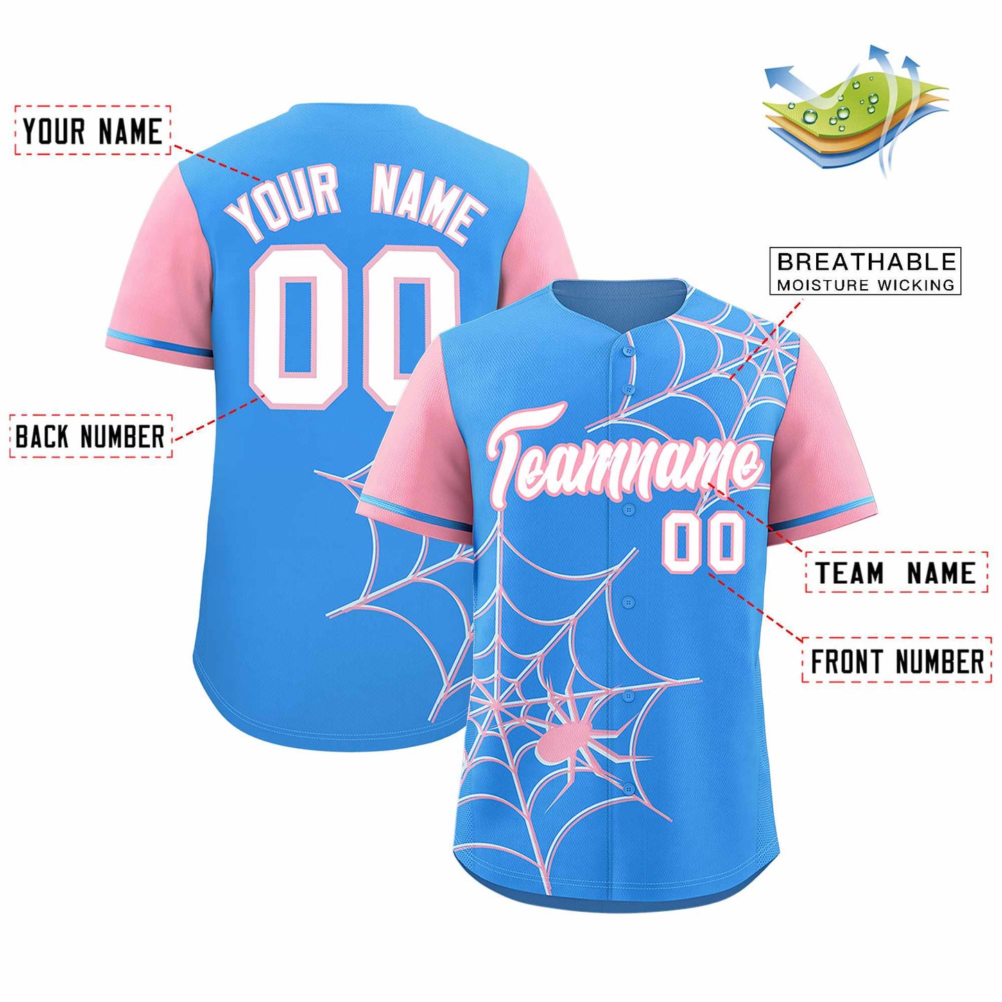 Custom Powder Blue Light Pink Spider Web Pattern Raglan Sleeves Authentic Baseball Jersey