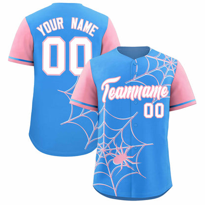 Custom Powder Blue Light Pink Spider Web Pattern Raglan Sleeves Authentic Baseball Jersey