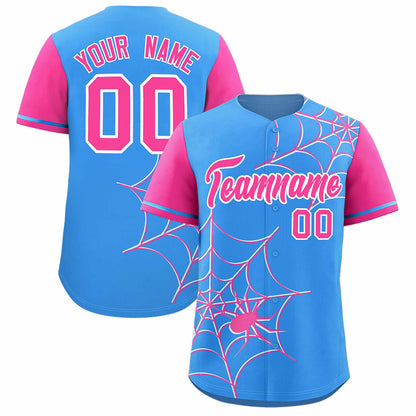 Custom Powder Blue Pink Spider Web Pattern Raglan Sleeves Authentic Baseball Jersey