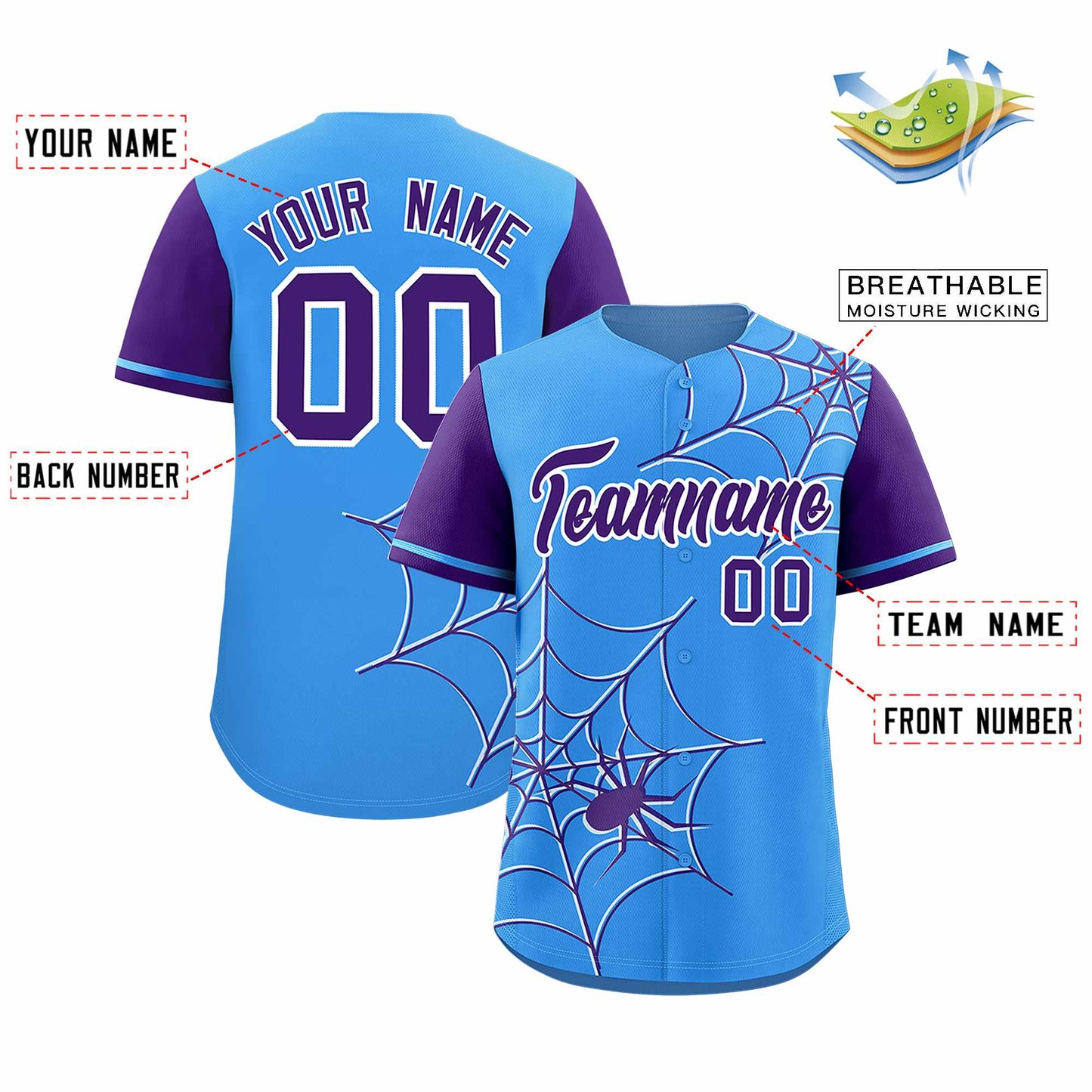 Custom Powder Blue Purple Spider Web Pattern Raglan Sleeves Authentic Baseball Jersey