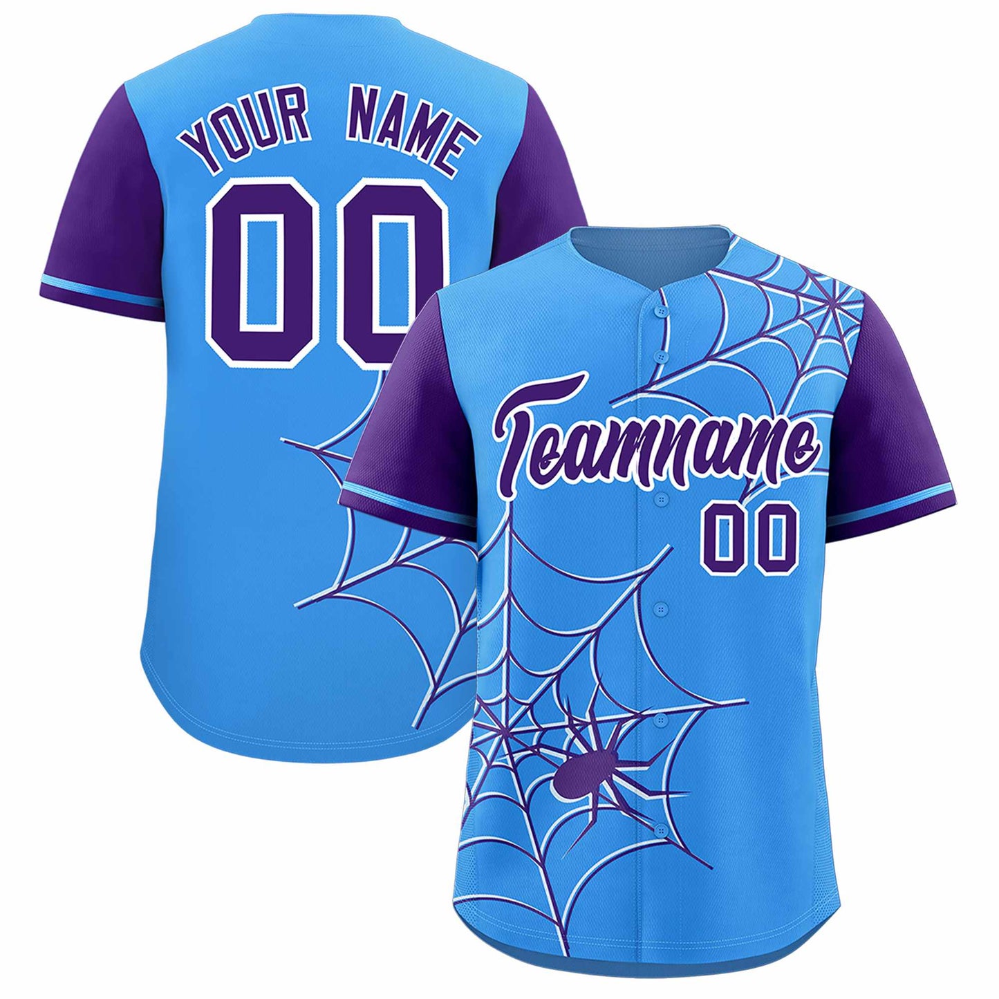 Custom Powder Blue Purple Spider Web Pattern Raglan Sleeves Authentic Baseball Jersey