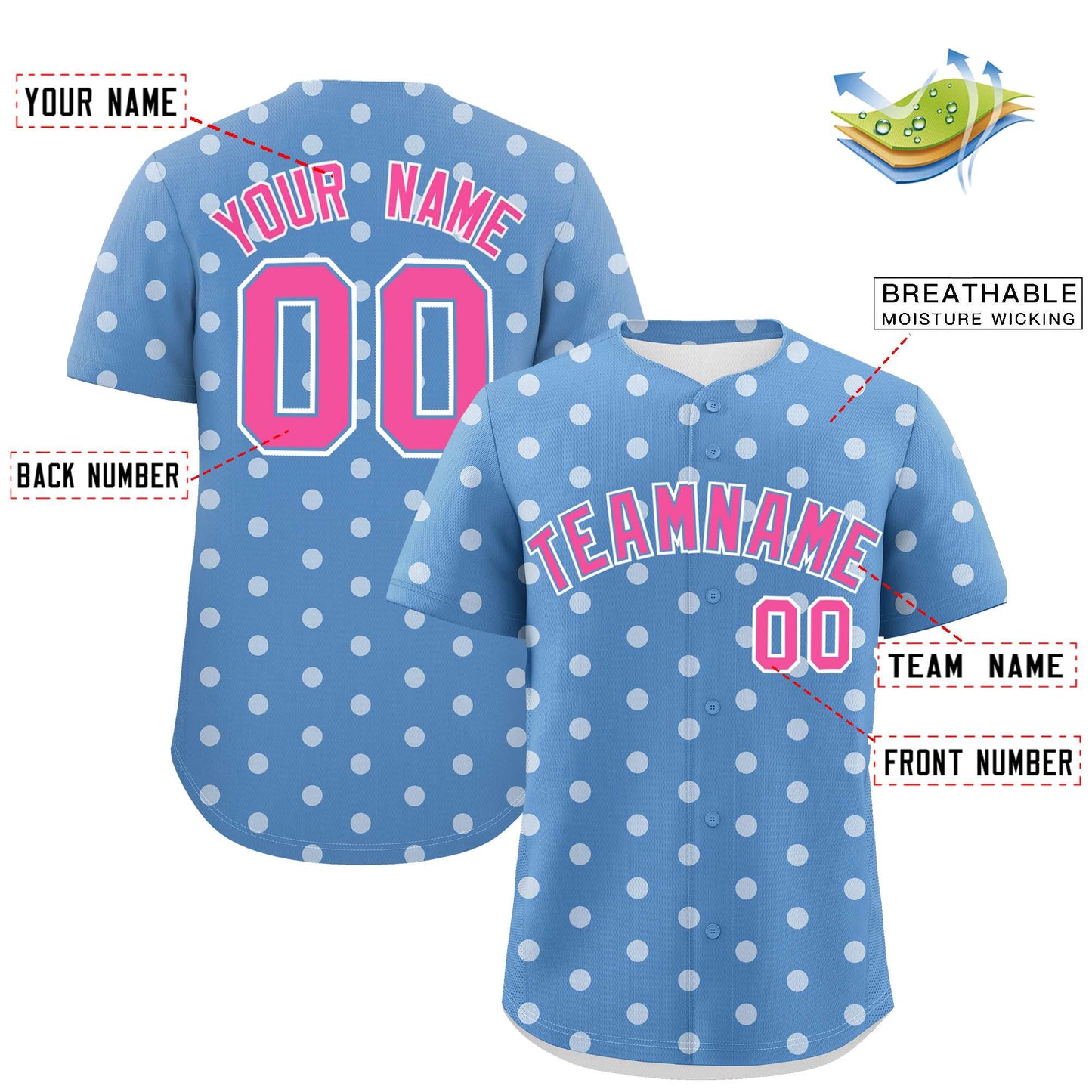 Custom Light Blue White Personalized Polka Dot Graffiti Pattern Authentic Baseball Jersey