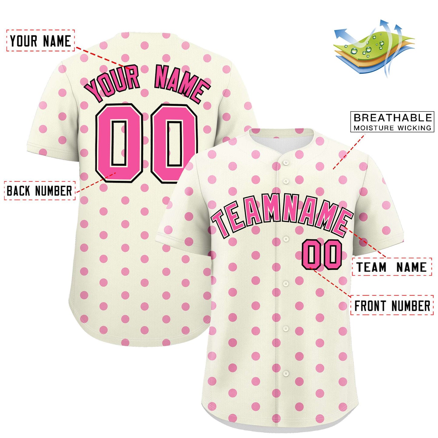 Custom Cream Pink Personalized Polka Dot Graffiti Pattern Authentic Baseball Jersey