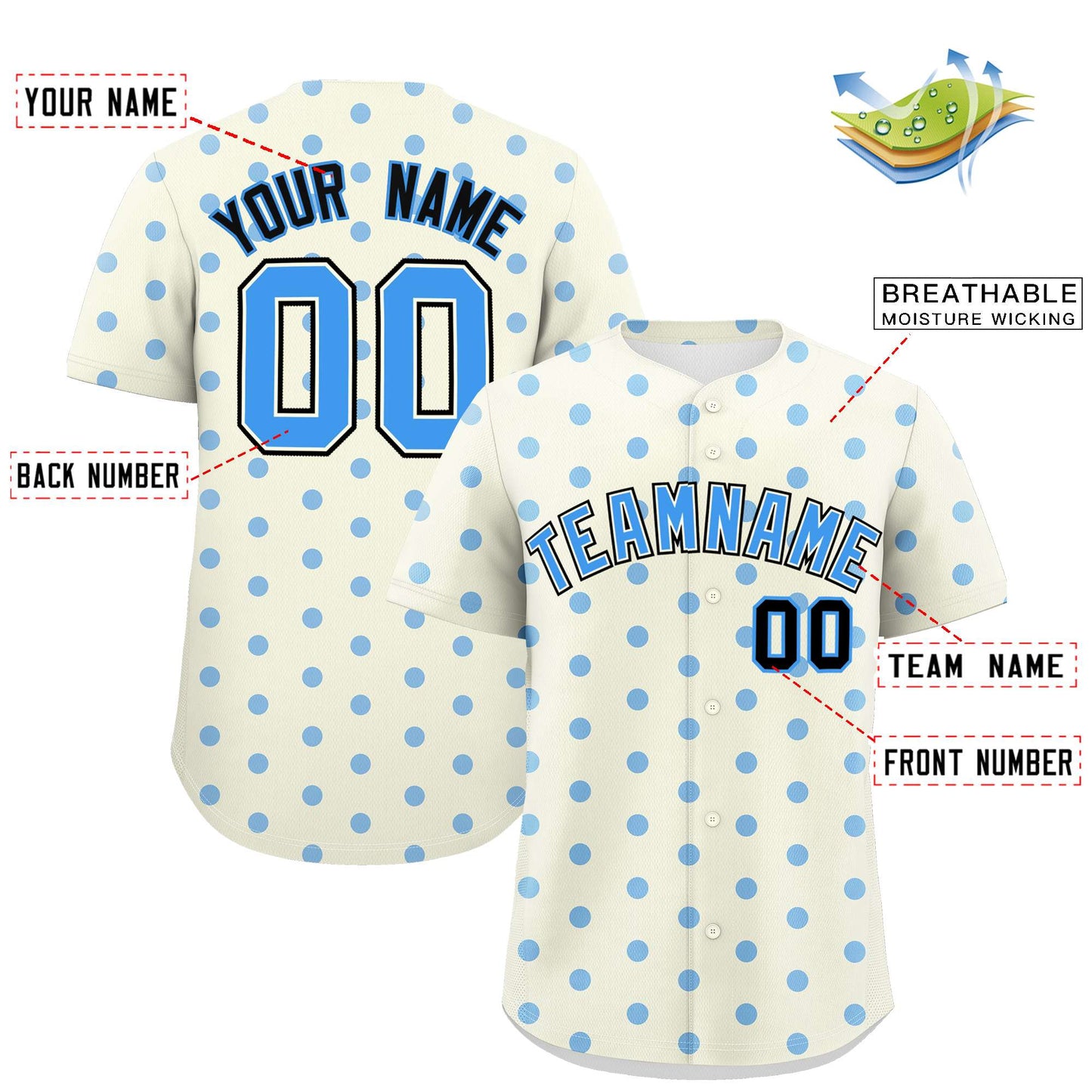 Custom Cream Powder Blue Personalized Polka Dot Graffiti Pattern Authentic Baseball Jersey