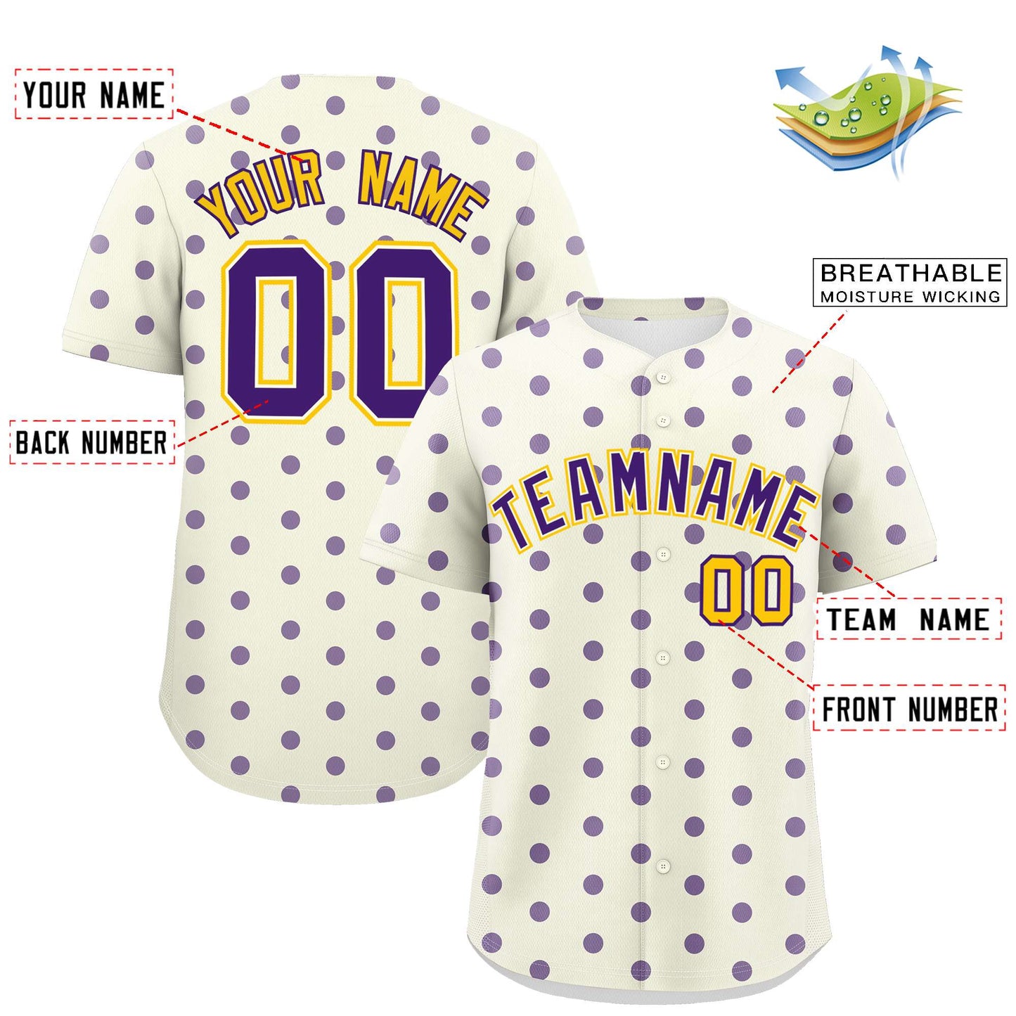 Custom Cream Purple Personalized Polka Dot Graffiti Pattern Authentic Baseball Jersey