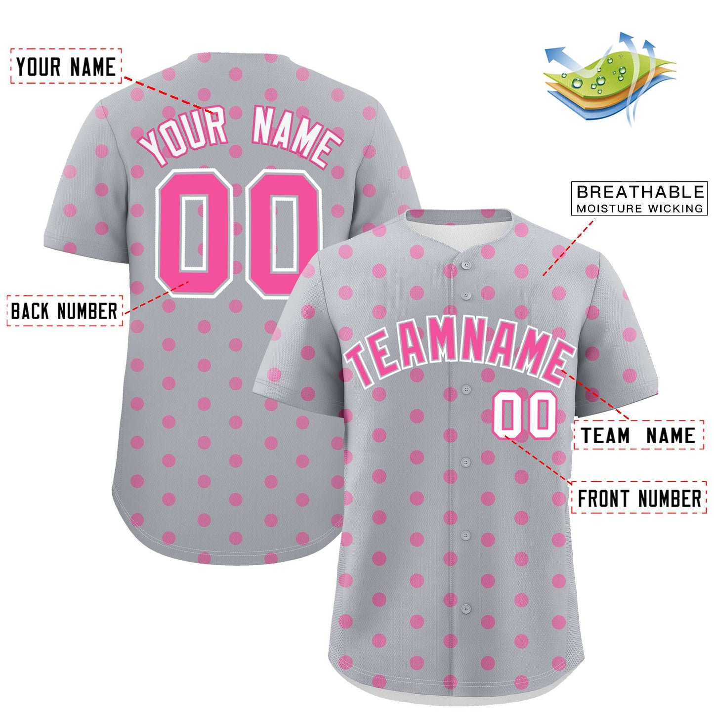 Custom Gray Pink Personalized Polka Dot Graffiti Pattern Authentic Baseball Jersey