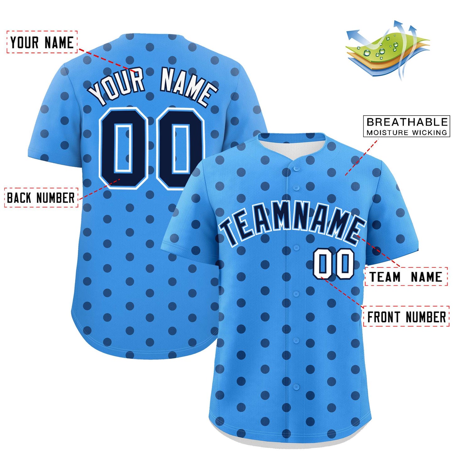 Custom Powder Blue Navy Personalized Polka Dot Graffiti Pattern Authentic Baseball Jersey