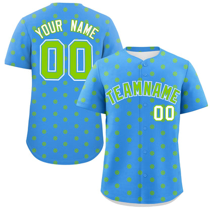 Custom Powder Blue Neon Green Personalized Polka Dot Graffiti Pattern Authentic Baseball Jersey