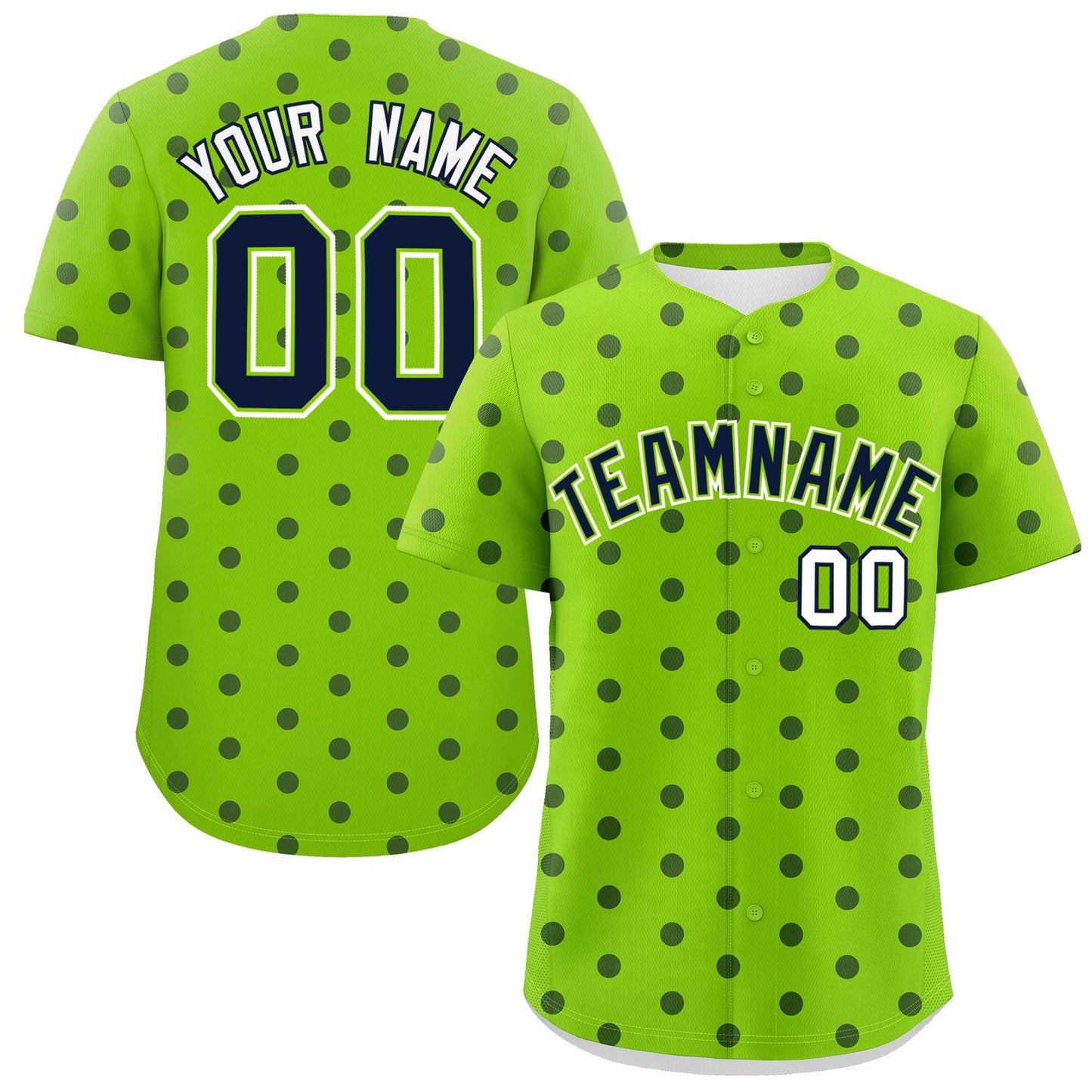 Custom Neon Green Navy Personalized Polka Dot Graffiti Pattern Authentic Baseball Jersey