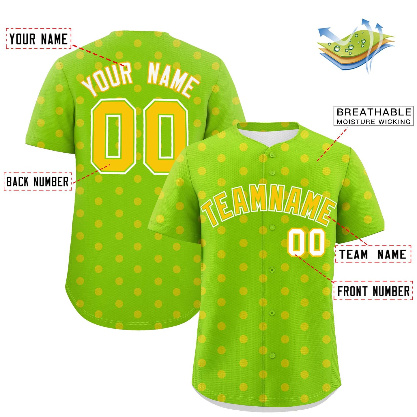 Custom Neon Green Gold Personalized Polka Dot Graffiti Pattern Authentic Baseball Jersey