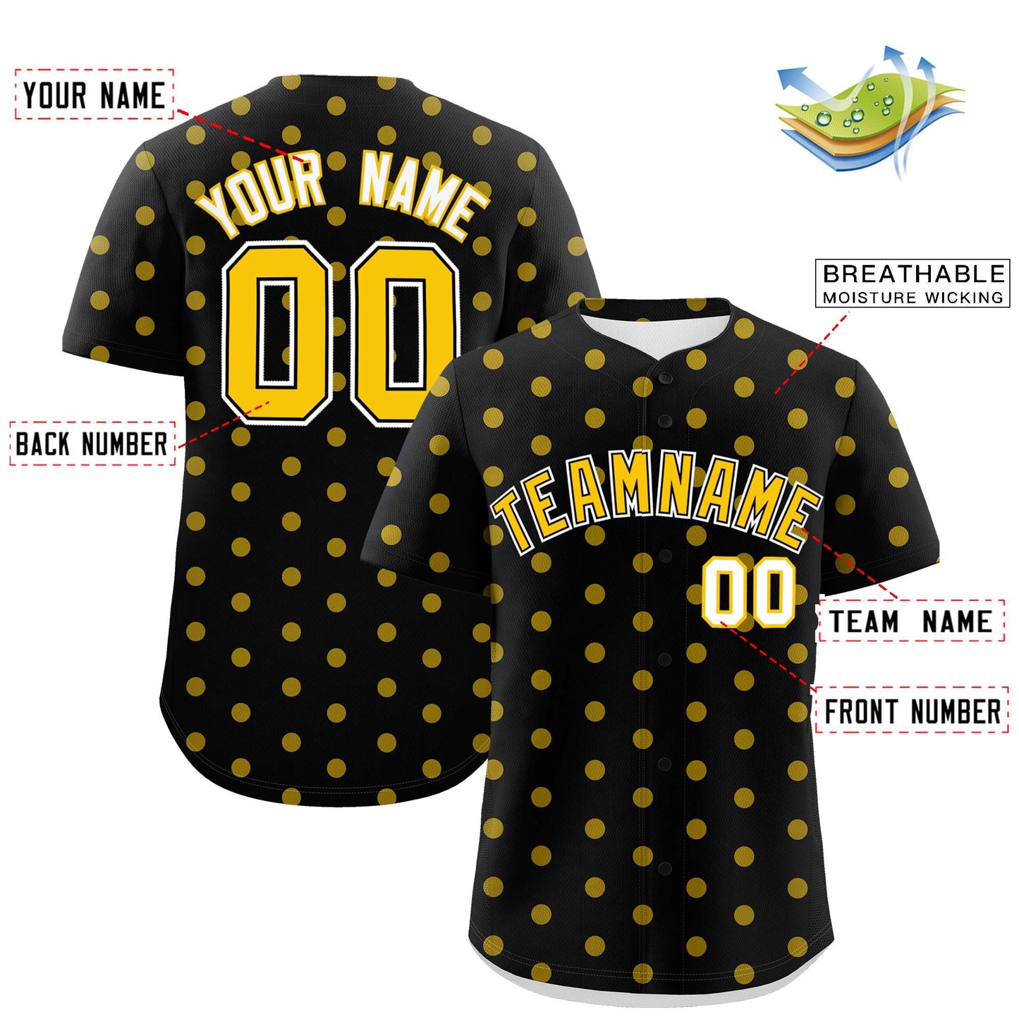 Custom Black Gold Personalized Polka Dot Graffiti Pattern Authentic Baseball Jersey