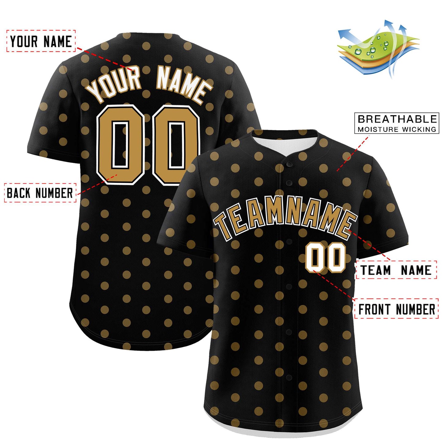 Custom Black Old Gold Personalized Polka Dot Graffiti Pattern Authentic Baseball Jersey