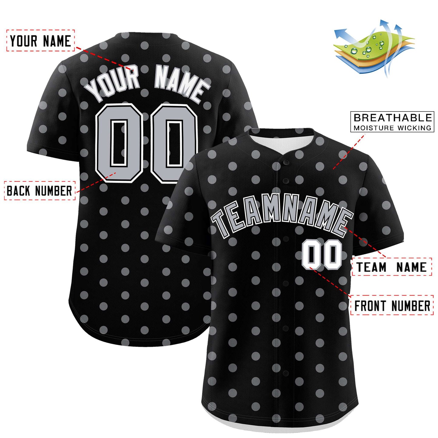 Custom Black Gray Personalized Polka Dot Graffiti Pattern Authentic Baseball Jersey