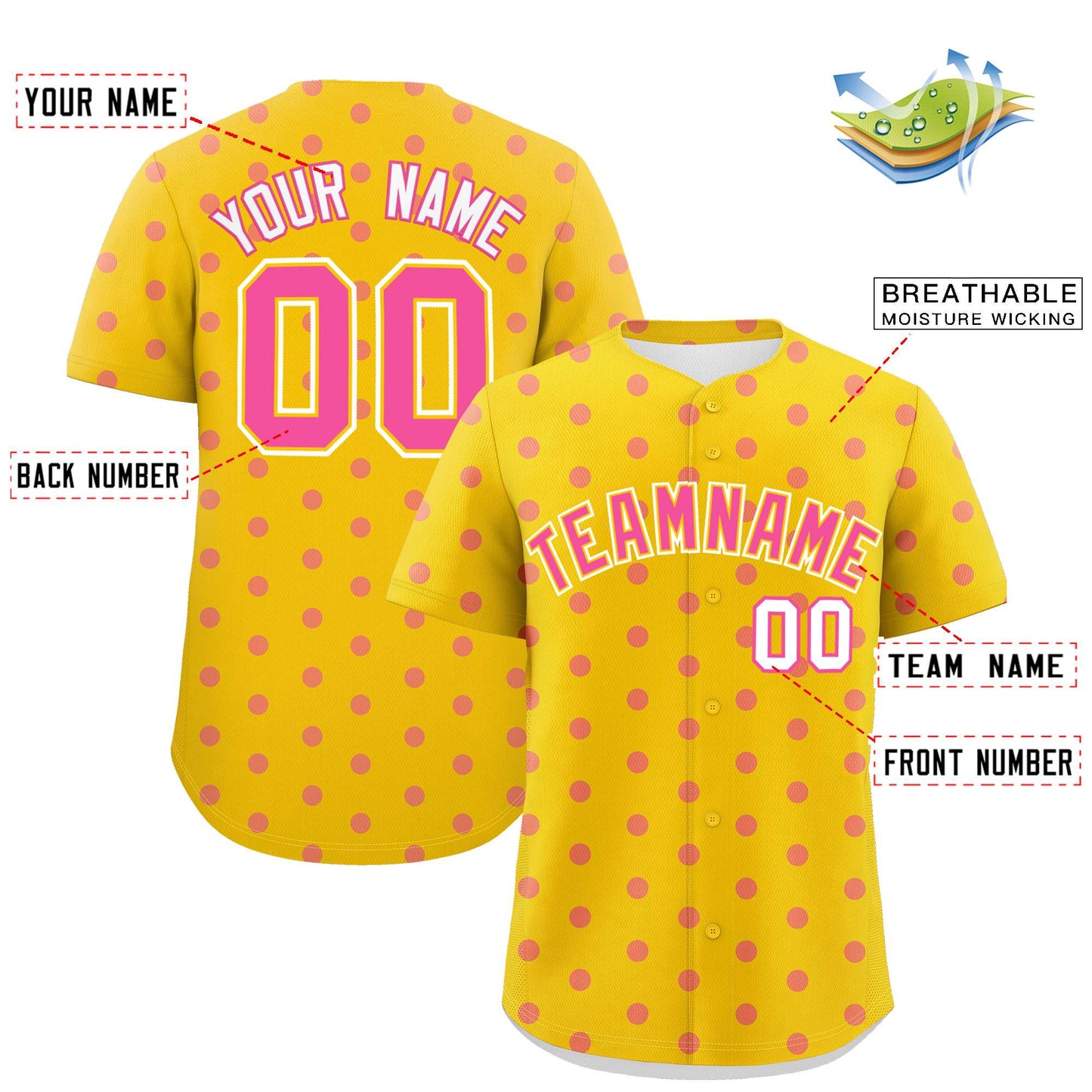 Custom Gold Pink Personalized Polka Dot Graffiti Pattern Authentic Baseball Jersey