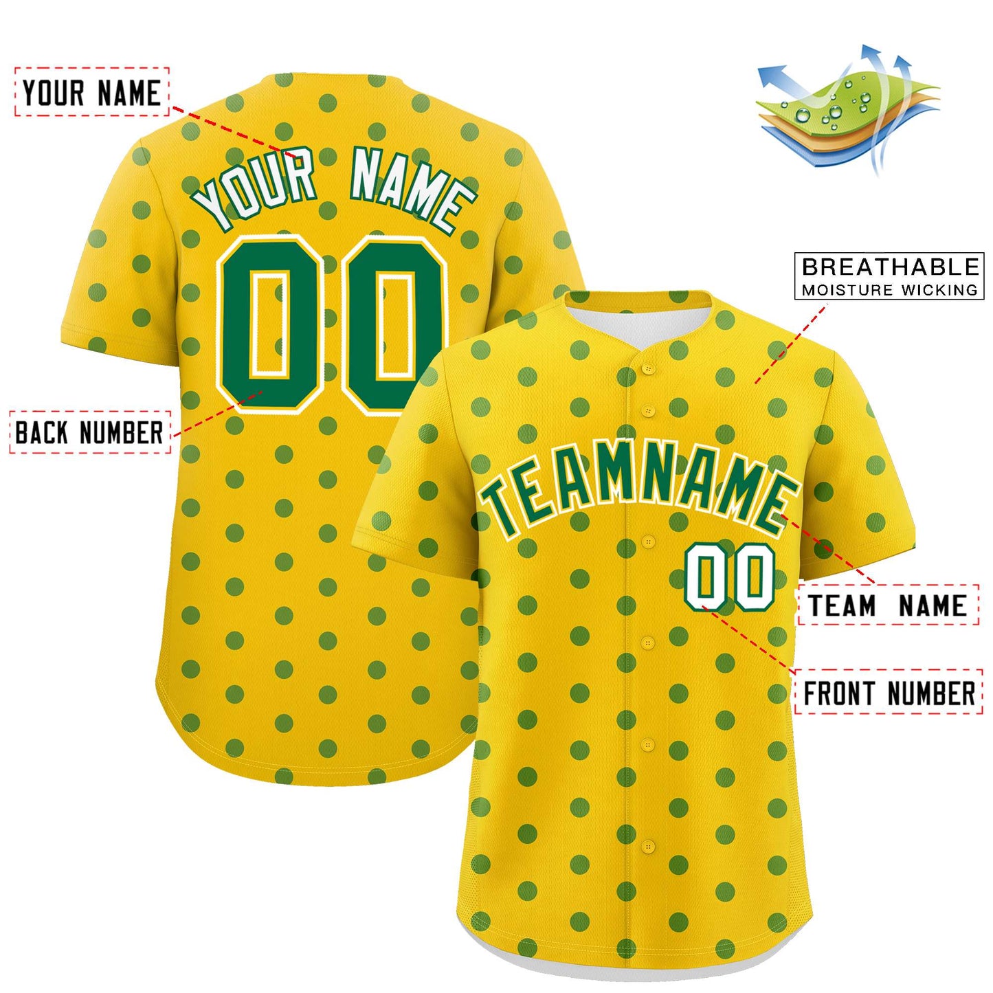 Custom Gold Kelly Green Personalized Polka Dot Graffiti Pattern Authentic Baseball Jersey