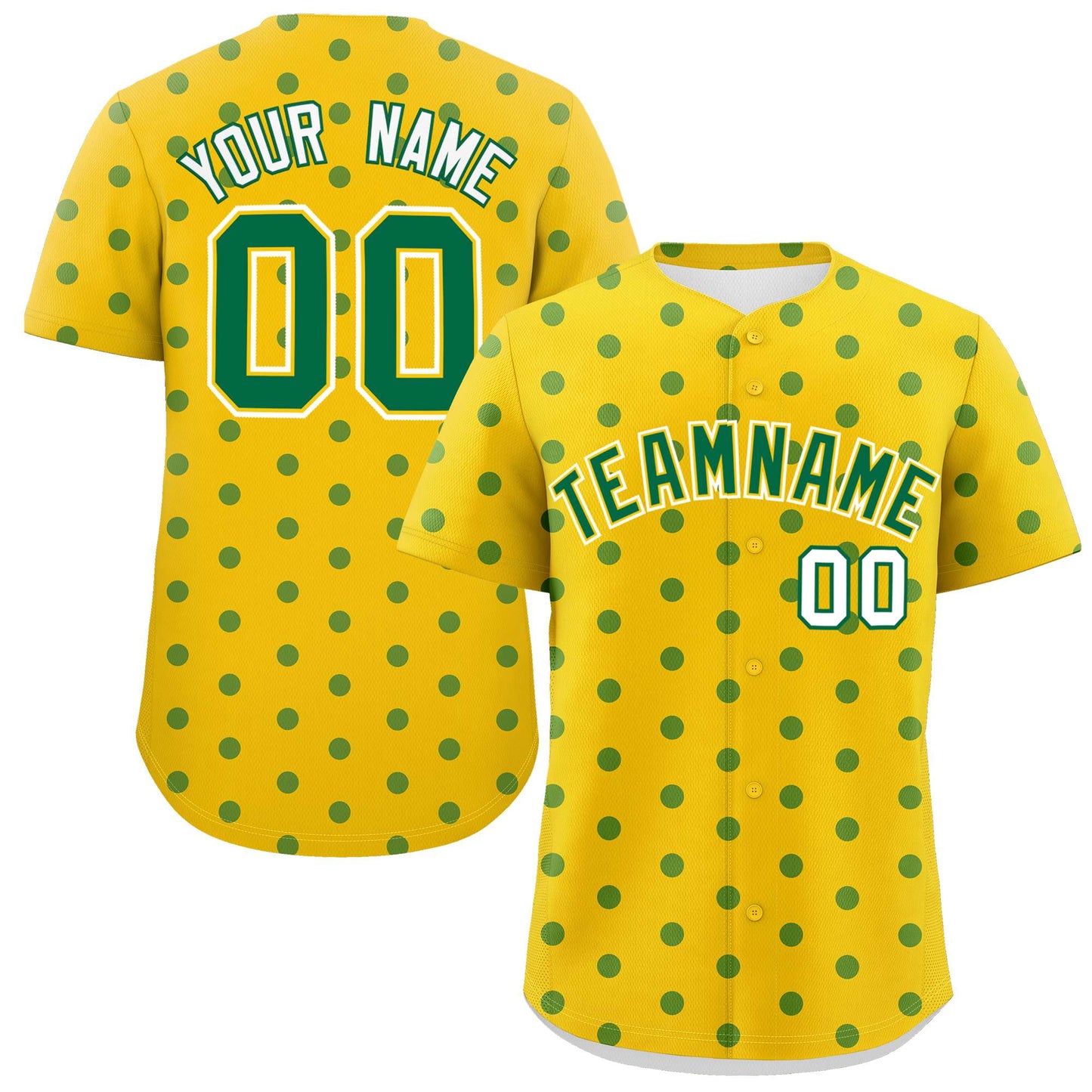 Custom Gold Kelly Green Personalized Polka Dot Graffiti Pattern Authentic Baseball Jersey