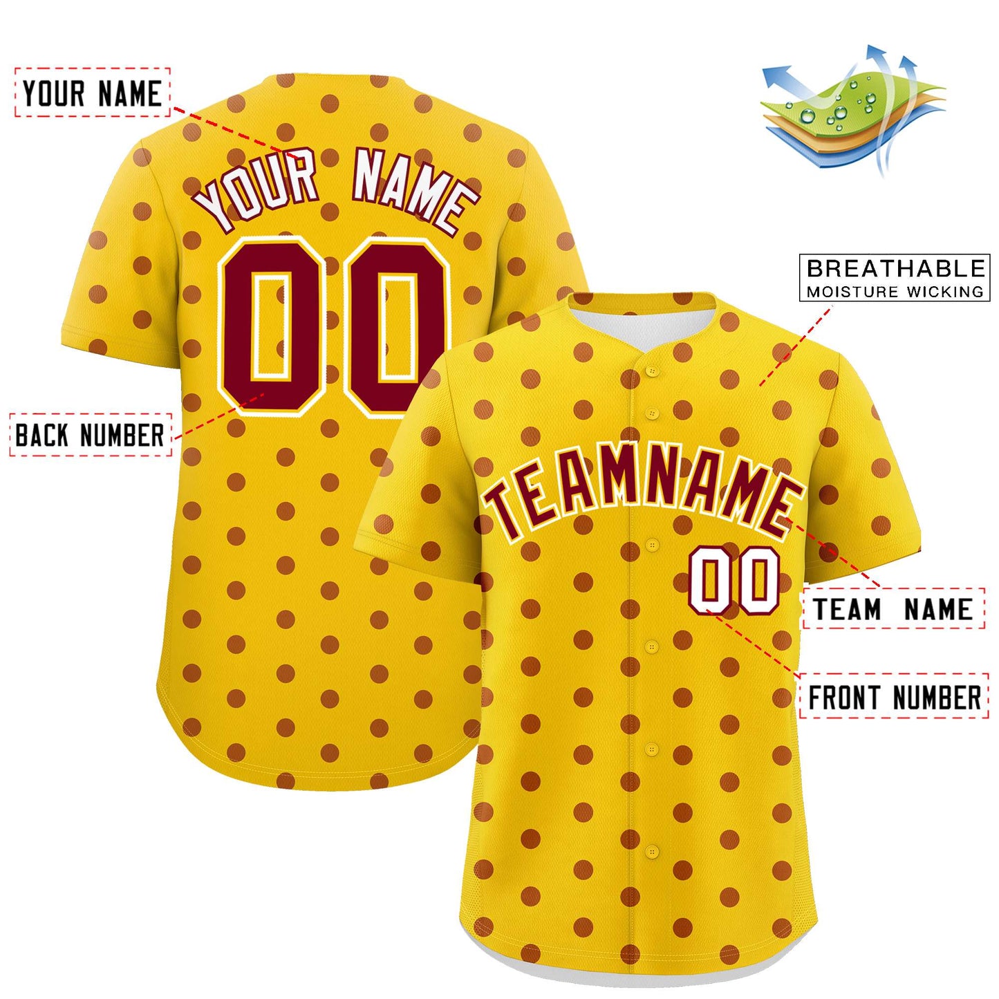 Custom Gold Crimson Personalized Polka Dot Graffiti Pattern Authentic Baseball Jersey